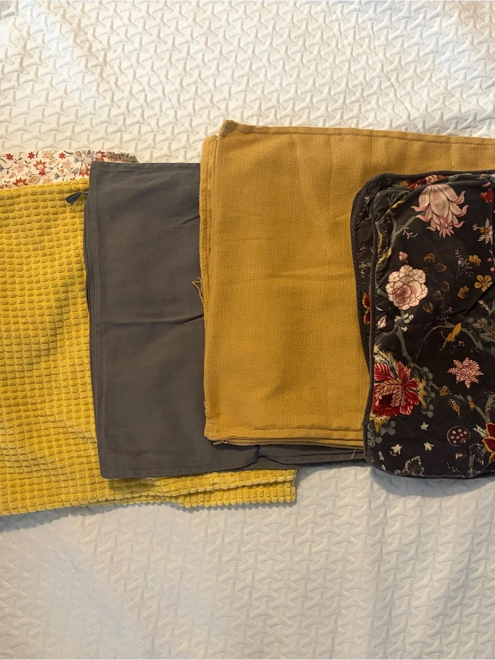 IKEA Accent Pillow Covers in Mustard Yellow, Charcoal Gray, and Floral Black